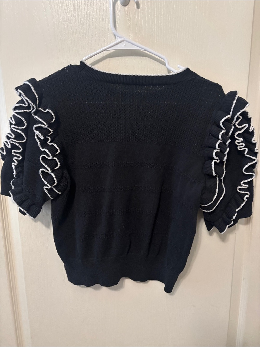 Calligraphie Black Ruffle Short Sleeve Crewneck Sweater with Contrast Trim - Picture 4 of 5